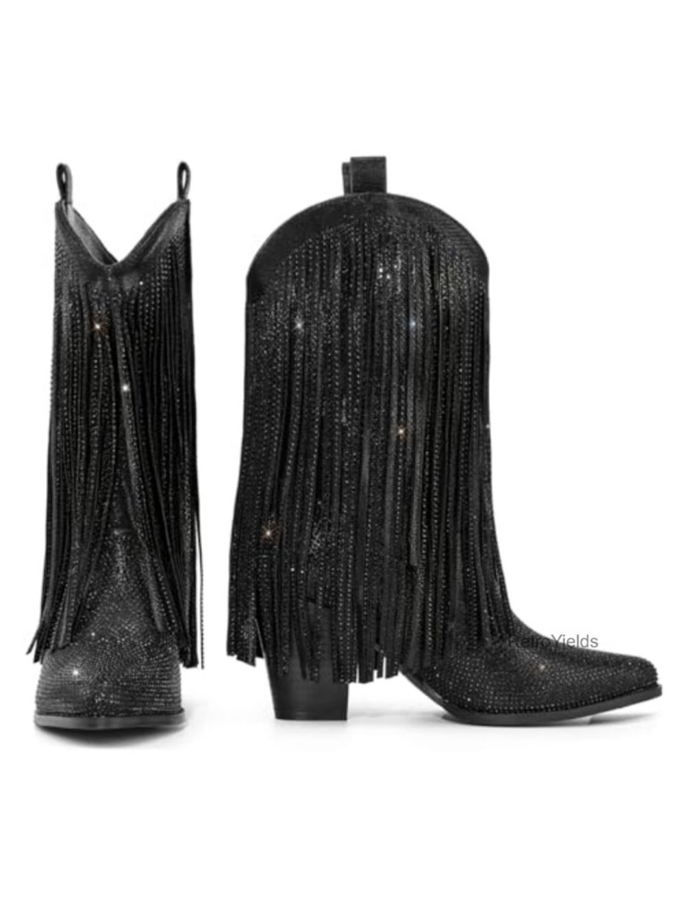 Rhinestone Fringe Western Cowgirl Boots Memory Foam Mid-Calf Party
